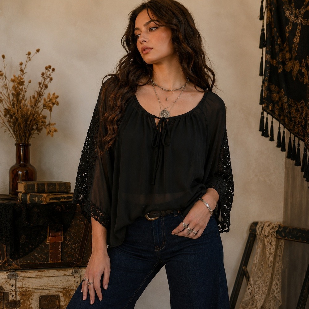 Vintage Jody California Black Chiffon Crochet Lace Sleeve Boho Peasant Blouse L